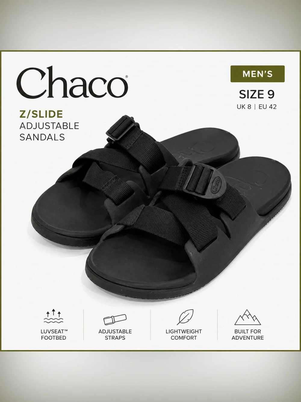 Chaco Men’s Black Z/Slide Adjustable Sport Sandals Size 9 Hiking Casual
